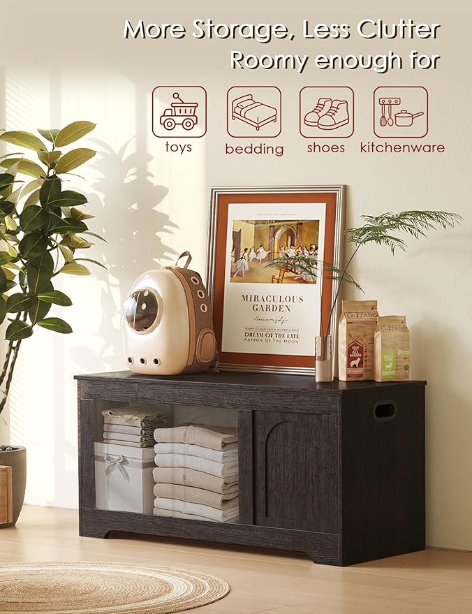 DINZI LVJ Storage Chest, 39.4â Wooden Toy Box with 2 Safety Hinges, Entryway Shoe Bench with Flip-Top, Sturdy Large Storage Trunk for Living Room, Bedroom, Playroom, Easy Assembly, Espresso