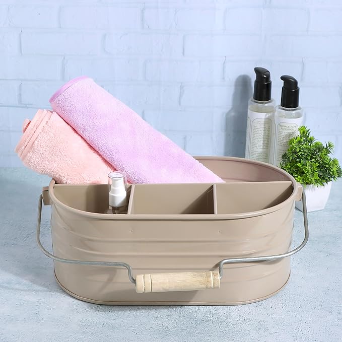 Alpha Living Home Multi-Functional Utensil Silverware Caddy – 4-Compartment Organizer for Kitchen, Party & Office – Durable Beige Powder-Coated Iron Alloy with Wooden Handle
