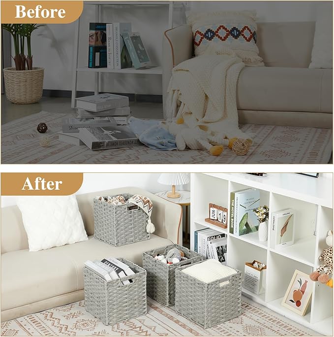 DULLEMELO Wicker Baskets With Liner Set of 4, 11x11x11 Inch Collapsible Storage Bins, Decorative Organizing Baskets, Light Grey