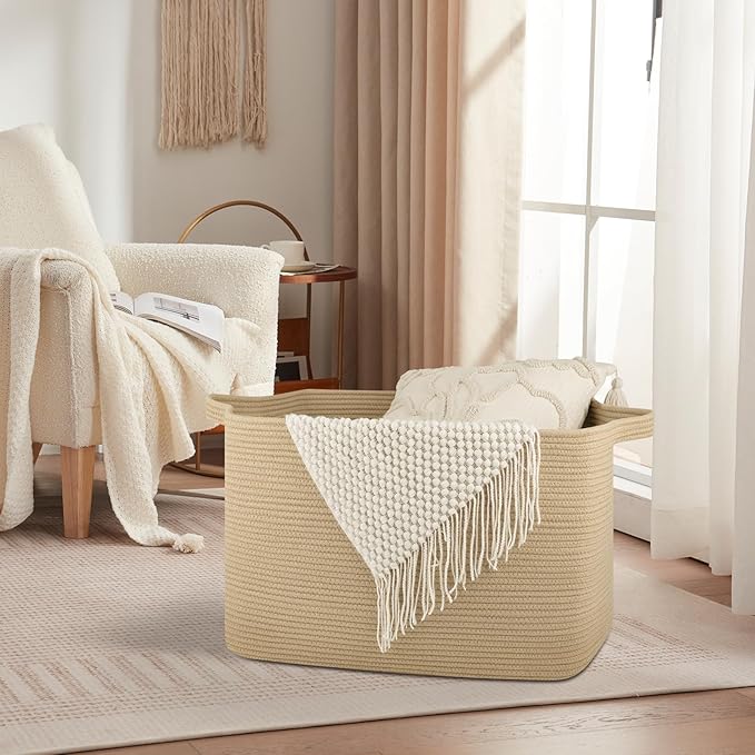 118L Extra Large Blanket Basket, 24.8"x17.7"x16.2" Woven Rope Baskets for Storage, Nursery Blanket Storage for Living Room, Toy Basket with Handle Organizing Comforter Cushions Pillows, Jute