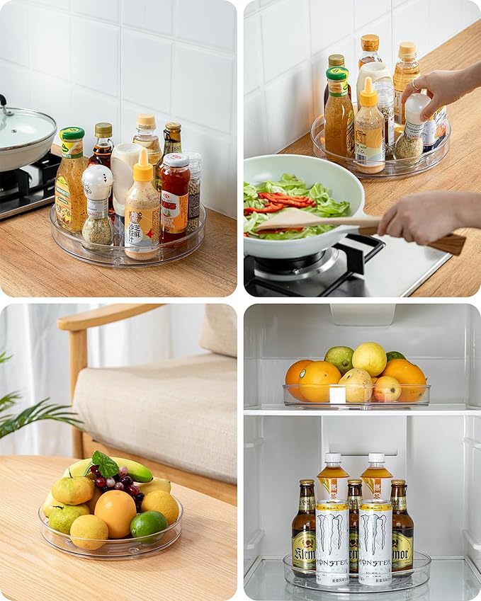 Roninkier Clear Lazy-Susan Turntable Cabinet-Organizer – 2-Pack 9-Inch Spice Rack Storage for Fridge Refrigerator Pantry