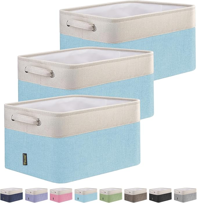 BALEINE 3 Pack Fabric Closet Storage Bins for Shelves, Linen Closet Organizers and Storage, Decorative Baskets for Organizing, Shelf, Clothes, Home, Office (Skyblue, 12"x8"x8")