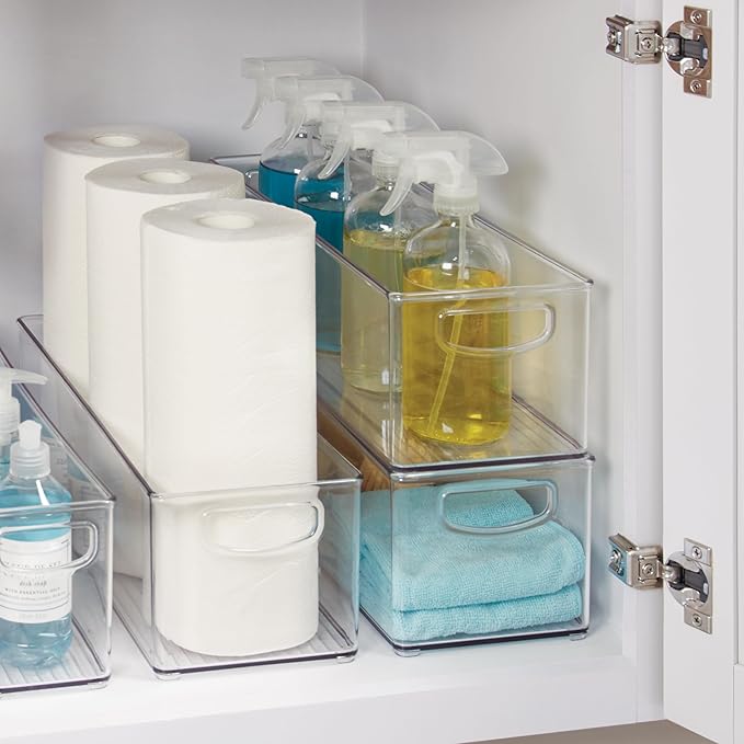 iDesign Plastic Stackable Pantry Bin with Handles for Cabinets or Fridge, Clear, Made in USA