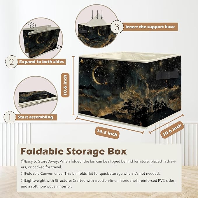 Mystical Crescent Moon Star Celestial Storage Box Bins, Moody Starry Night Sky Collapsible Storage Basket Organizer for Bedroom Laundry Room Home Clothes Toys Books, Toybox for Kids