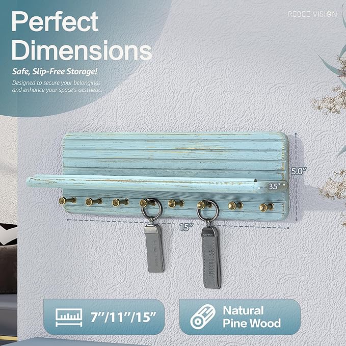 Rebee Vision Pine Wood Key Holder Wall Mount – Key Holder for Walll with Floating Shelf for Entryway, or Kitchen – Decorative Hooks for Home Decor, Apartment Essentials & Office Organization (Blue)