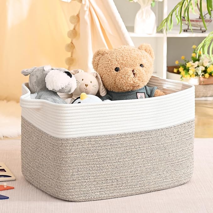 Large Blanket Basket, 60L Storage Baskets for Organizing, Woven Laundry Basket for Blankets, Cotton rope Blanket Storage for Living Room, Nursery Room, 19.7" L x 15.74" W x 11.8" H, Brown