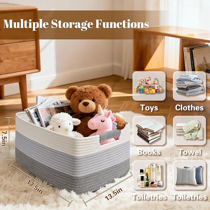 2 Pack Large Storage Basket for Organizing, 17.5"x13.5"x7.5" Woven Basket for Shelves, Closet Cube Storage Bins with Wrapped Handle, Cotton Rope Baskets for Kitchen, Clothes, Toys(Gradient Grey)