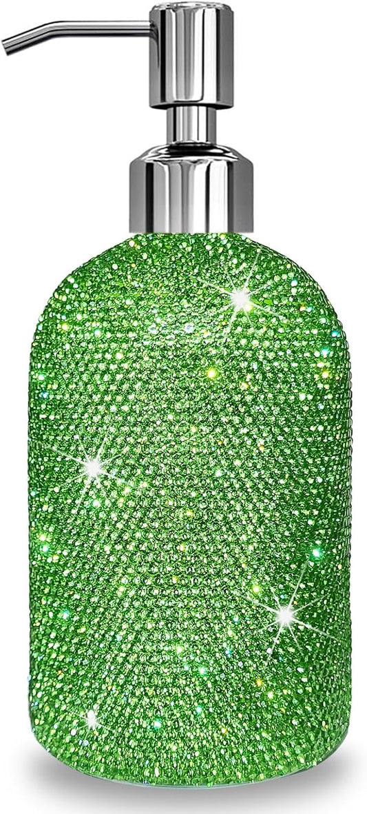 SlowVibes 18Oz Bling Green Soap Dispenser with Rust Proof Stainless Steel Pump,Refillable Liquid Hand Wash Bottle for Bathroom Kitchen,Sparkle Decorative Shower Dispenser,Rhinestone Lotion Dispenser