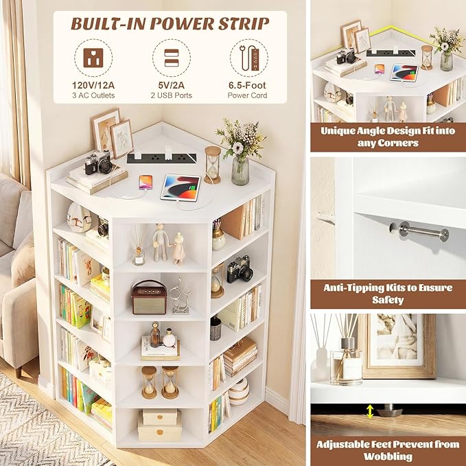 Aheaplus Corner Cabinet, 6-Tier Corner Bookshelf with Power Outlets, Corner Cube Storage Shelf with Top Table, Wooden L Cubby Toy Storage with 15 Cubes for Home Office, Bedroom, Living Room, White