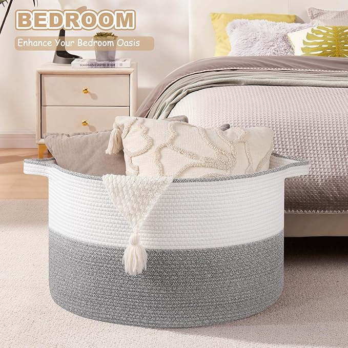 XXL Large Blanket Basket with Handles, 105L Woven Storage Basket for Living Room, Cotton Rope Baby Toy Storage for Clothes, Pillows, Towels-Grey & White