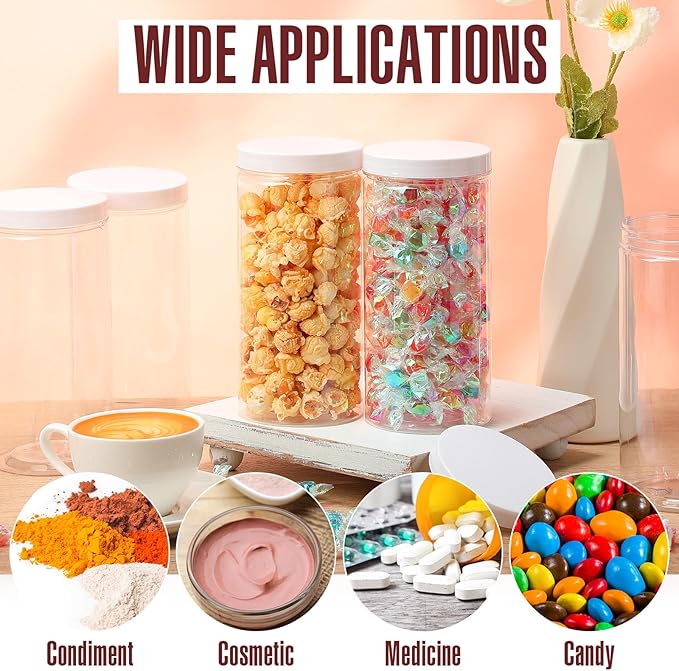 Dandat 16 Pack 30 oz Plastic Jars with Lids Plastic Mason Bottles Container Canister Wide Mouth Cylinders Kitchen Home Organize Storage for Dry Good, Spice, Honey, Candy, Peanut Butter(White)