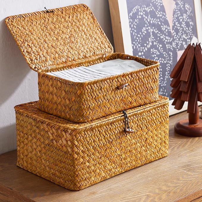 Wicker Storage Box with Lid, Handwoven Baskets for Storage, Rectangle Decorative Baskets Bins Container for Shelf Organizing Home, Set of 3, Natural