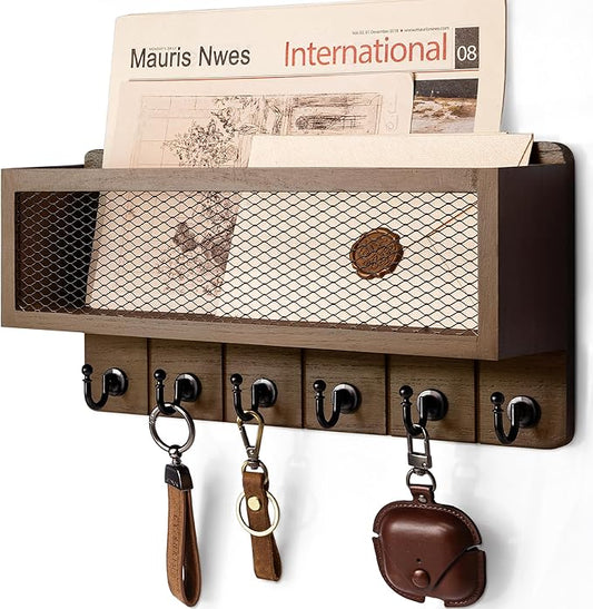Rebee Vision Farmhouse Key Holder for Wall with Mail Storage Basket : Decorative Wall Mount Organizer with 6 Sturdy Wall Hooks and Wooden Key Rack - Rustic Home Decor (Retro Brown)