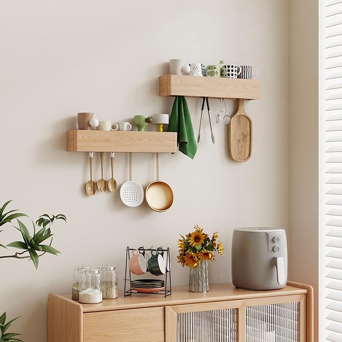 Solid Wood Wall Mounted Coat Rack with Shelf Hooks - Modern Floating Shelves with 5 Hidden Hooks, Heavy Duty Entryway Coat Key Holder Hanger for Hallway Bathroom Bedroom Home Decor