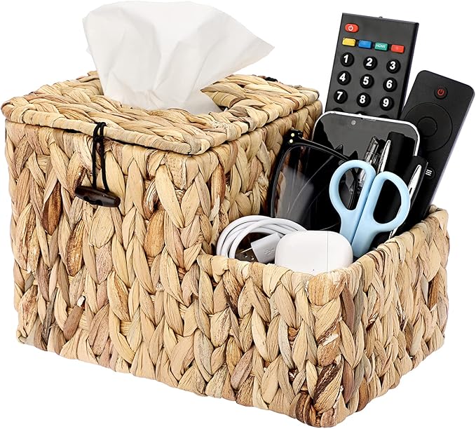 Sumnacon Square Woven Tissue Box Cover - Decorative Cube Wicker Tissue Box Holder with Side Organizer, Rustic Water Hyacinth Tissue Holder for Living Room Vanity Night Stand Table Countertop Office