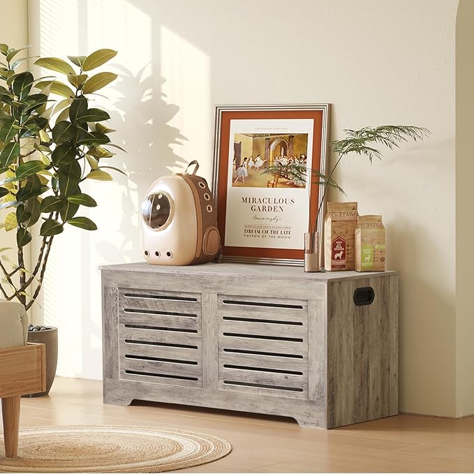 DINZI LVJ Storage Chest, 39.4âWooden Toy Box with 2 Safety Hinges, Retro Entryway Shoe Storage Bench with Flip-Top, Sturdy Large Storage Trunk for Living Room, Bedroom, Easy Assembly, Greige