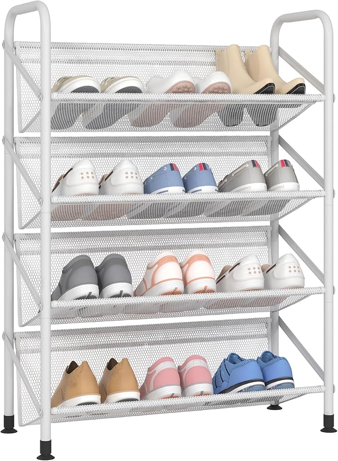 4 Tier Shoe Rack for Closet Mesh Fabric Metal Shoe Racks, Small Shoe Storage Organizer Shelf for Entryway, Hallway, Dorm Room (White, Wider 4 Tier)