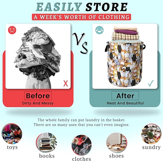 Colorful Cats Cute Animal Laundry Basket Foldable With Handles Tote Bag Oxford Cloth Funny Laundry Hamper Clothes Storage Bucket Toy Organizer 18.9" x 16.5" For Bathroom/Laundry/Bedroom