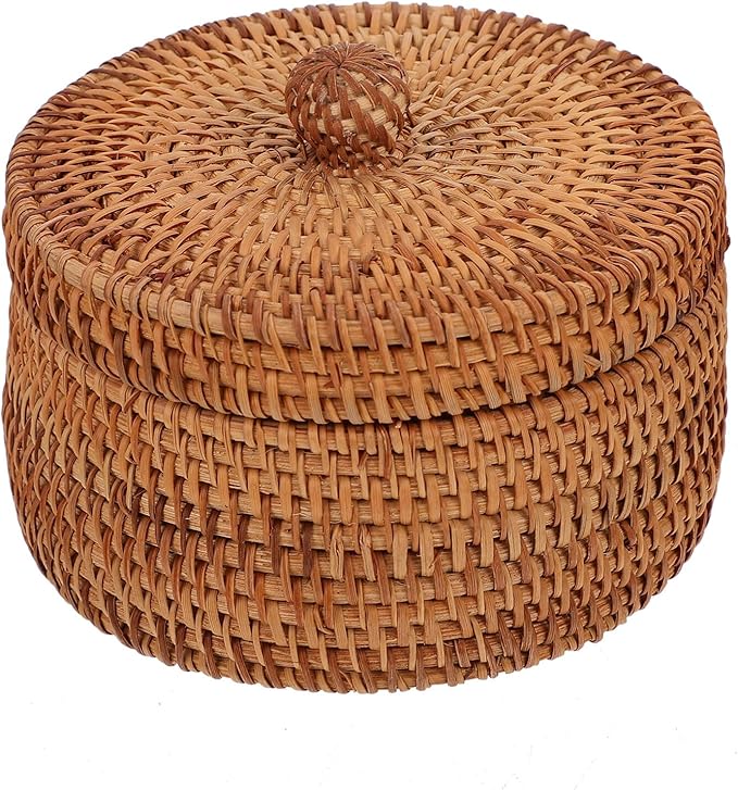 STOBAZA Vintage Rattan Storage Box with Lid Small Woven Basket 5.59X5.51X3.07 Inch for Desktop Organization Kitchen Bathroom Sundries Holder