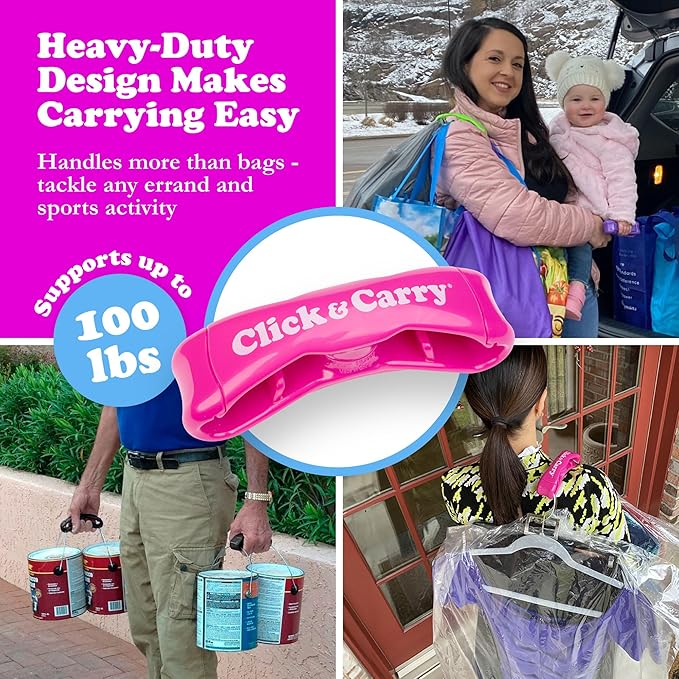 Click & Carry Grocery Bag Carrier Handle - Carry More in Fewer Trips, 100lb Capacity, Hands-Free, Gel-Padded Ergonomic Design, Shopping & Grocery Bag Holder - As Seen On Shark Tank, Fuchsia, 1 Pack