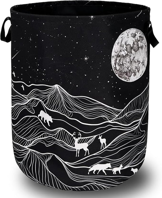 Mountain Laundry Basket Foldable With Handles Deer Bear Moon Tote Bag Oxford Cloth Funny Laundry Hamper Clothes Storage Bucket Toy Organizer For Bathroom/Laundry/Bedroom 18.9" x 16.5 "