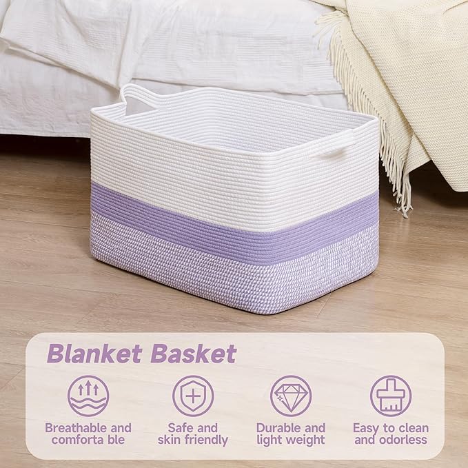 CLHMILY&Z Stylish Square Cotton Rope Storage Basket (Purple & White, 85L)