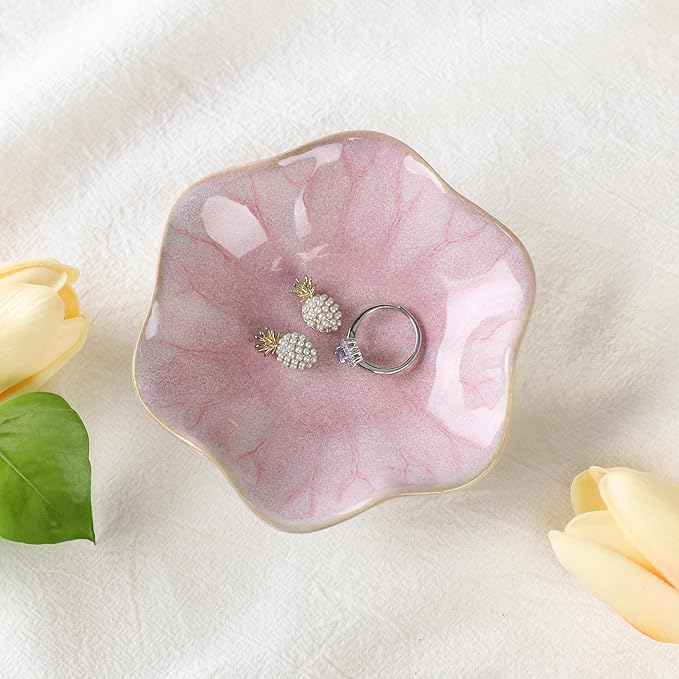 Pink Lotus Leaf Shape Ring Jewelry Dish Holder,Small Trinket Jewelry Tray,Decorative Jewelry Plate Bowl,Key Bowl,Birthday Engegament Gifts for Women Friends,Ceramic