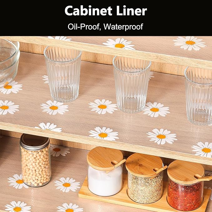 INNOLITES Shelf Liners for Kitchen Cabinets – Drawer Liner Waterproof & Oil-Proof, Non-Adhesive EVA with Floral Pattern – Durable Washable, Easy to Clean (Clean Daisy, 11.8" x 120")
