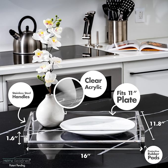 Modern 16"x12" Rectangle Acrylic Lucite Plastic Decorative Serving Tray with Silver Stainless Steel Metal Handles for Home Decor Ottoman Coffee Table Food Fruits Lap Vanity Perfume by Home Redefined