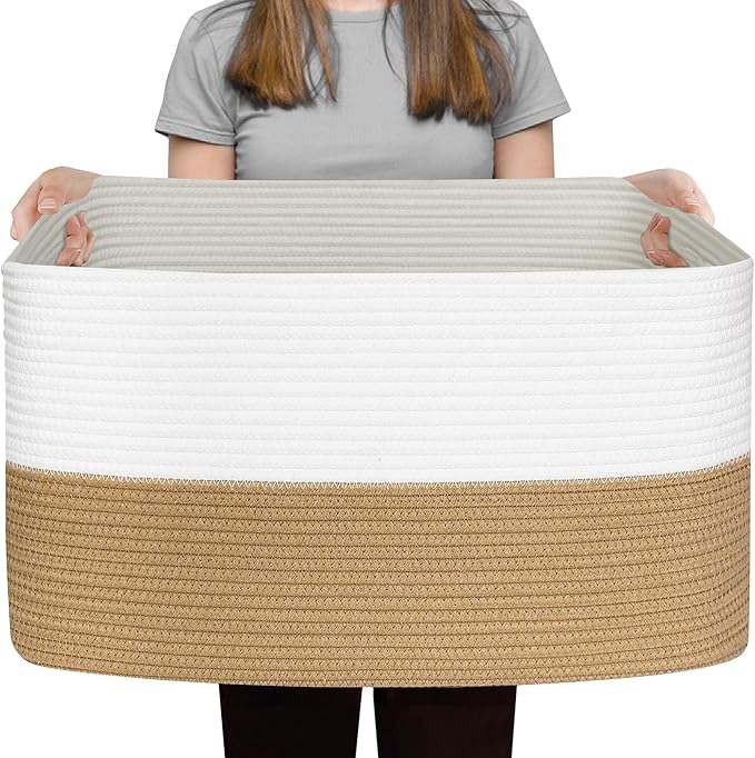 Extra Large Blanket Basket, 23.6"x15.7"x14.1" Woven Blanket Storage for Living Room, Big Cotton Rope Kids Dog Toy Bin Box, Decorative Rectangle Pillow Holder, Baby Laundry Basket, Camel