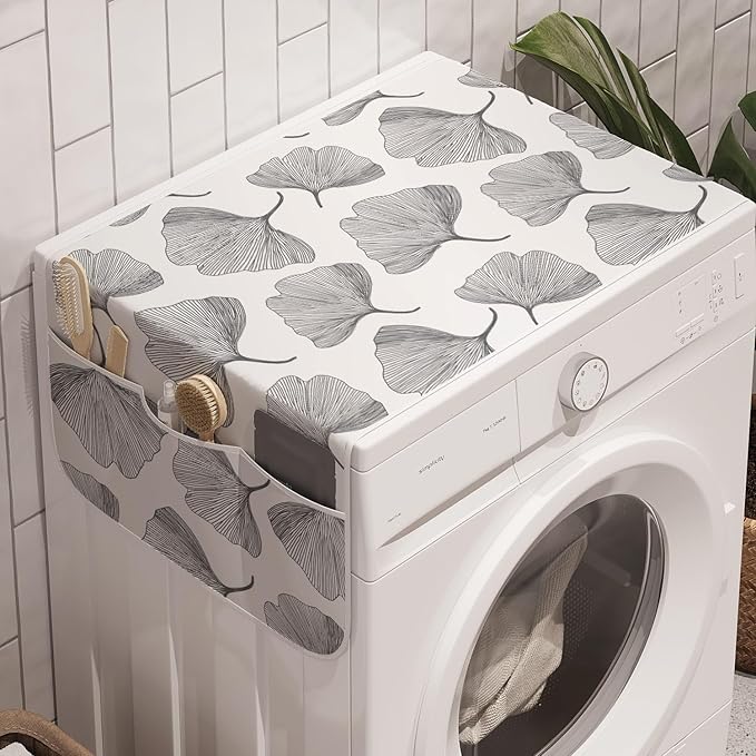 Ambesonne Gingko Washing Machine Organizer Pack of 2, Minimalist Style Nature Leafage Simplistic Growth Herbs Print, Anti-Slip Cover for Washers Dryers, 47" x 18.5", White Black