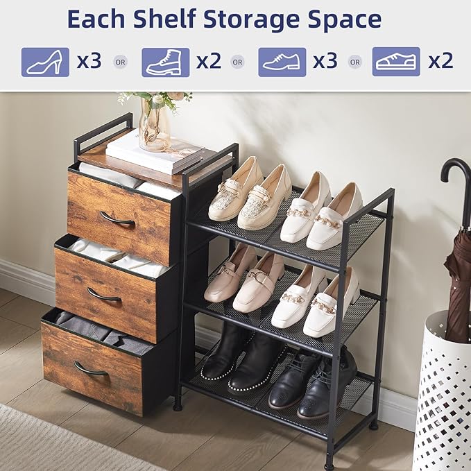 Somdot Shoe Rack, 3 Tier Shoe Organizer with 3 Drawers, Metal Shoe Storage Shelf for 6-9 Pairs of Shoes, Narrow Shoe Rack for entryway, Wood Grain Print