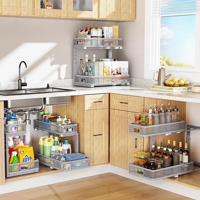 Under Sink Organizer, Height Adjustable 2 Tier Under Sink Organizers and Storage, Slide Out Metal Cabinet Organizers, Pull Out Sink Storage Drawer Shelf for Kitchen Bathroom Cabinet, Grey, 1 Pack