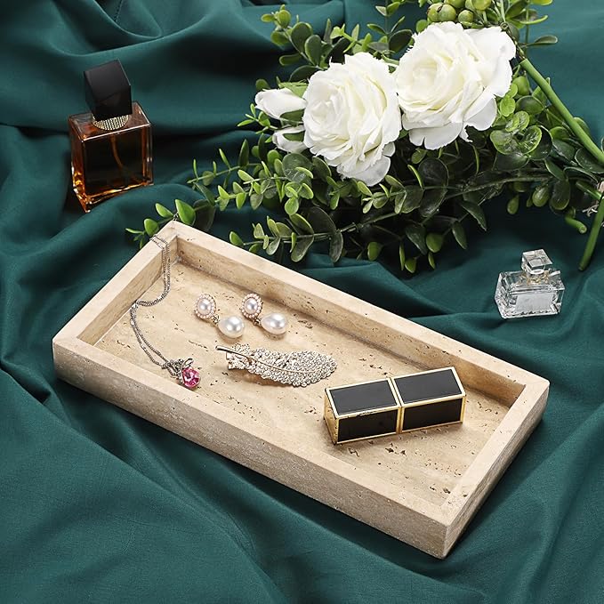 Hipiwe Natural Travertine Tray Vanity Decorative Tray Rectangular Perfume Trays Bathroom Countertop Storage Catchall Trays for Vanity Jewelry Trinket Candles Organizer, 9.8"x4.7"x1.2"