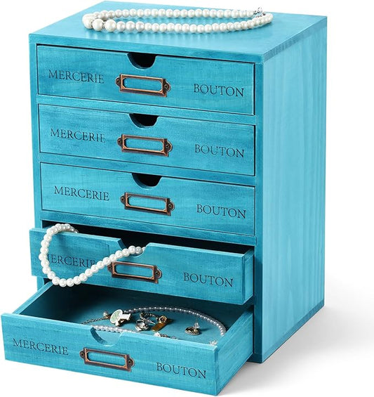 Wesiti 5 Drawer Vintage Wooden Desk Organizer, Apothecary Cabinet Storage Drawers, Rustic Shelf Drawer, Home Office Organizers and Accessories, Embroidery Floss, Craft, Art, Jewelry Storage, Stackable