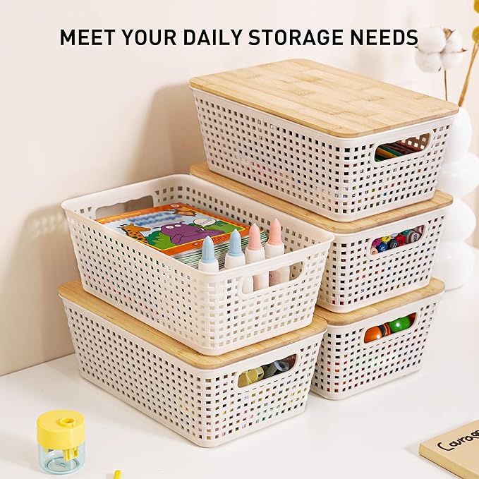Small Storage Bins with Lids 6 Packs, Plastic Storage Basket with Bamboo Lid for Pantry Organization and Storage Containers for Shelves Drawers Desktop Closet Playroom Office Home, White