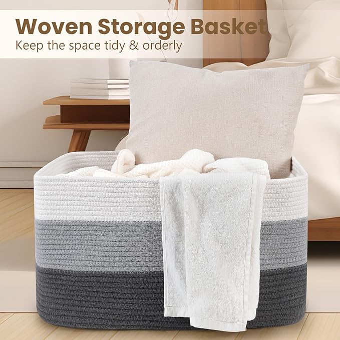 95L Large Blanket Basket, Woven Storage Baskets with Reinforced Handles, Rope Laundry Basket for Living Room, Bedroom, Nursery, Toys, Clothes, Pillows, 24â x 17â x 13.5â, White & Grey