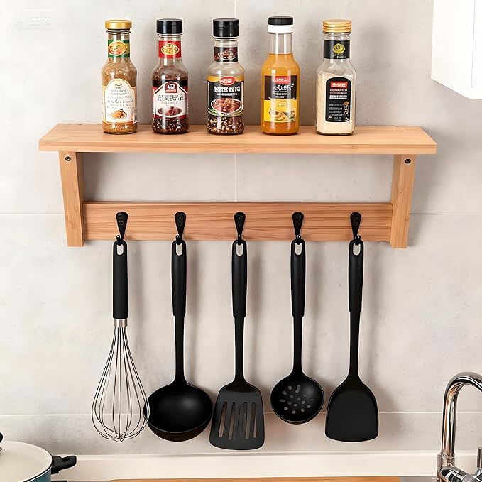 Wall Shelf with Hooks, Multi-Purpose Wooden Shelf & Metal Hooks for Home Entryway, Living Room,Office - Heavy Duty Coat Rack Organizer Hanging Coats, Bags, Key Holder