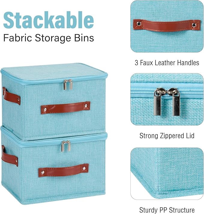 Storage Bin Box with Zippered Lid Cotton Linen Fabric Decorative Basket with PU Leather Handles PP Plastic Board Foldable Lidded Clothing Shelf Closet Organizer Container (Blue, Small)