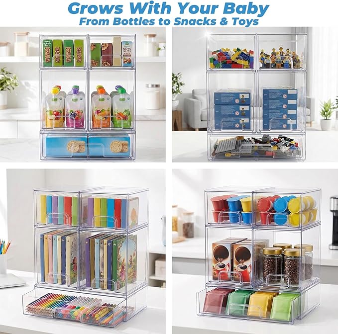 Baby Bottle Organizer, 5 Pack Stackable Storage Dust-proof Drawers, Clear Plastic Bottle Station Organizer for Countertop & Cabinet, Pacifier and Diaper Container for Nursery