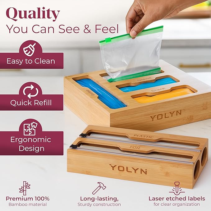 Bamboo Food Storage Bag Organizer for Drawer with Foil & Plastic Wrap Dispenser â 4 in 1 Premium Kitchen Drawer Organizer for Gallon, Quart & Sandwich Bags