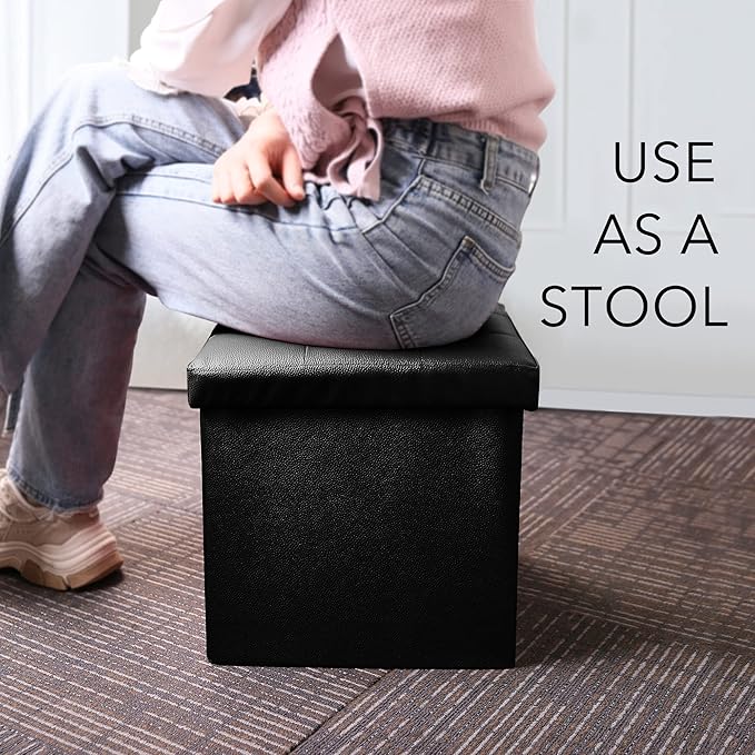 LotFancy Storage Ottoman, Foldable Foot Rest Stool, 13x12x12 Inches Small Leather Bench with Storage, Holds up to 260 lb, for Living Room, Bedroom, Dorm, Black