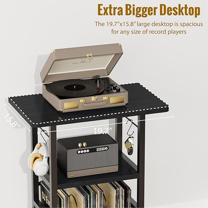 Record Player Stand with Extended Desktop,Large Record Player Table with Vinyl Storage,Turntable Stand with Record Holder Vinyls Display Shelf for Music Room Studio,Modern Black
