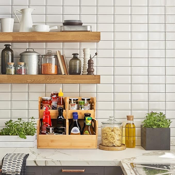 2 Tier Bamboo Stackable Storage Bins, 4 Compartment Potato and Onion Storage Baskets, Pantry Organizer Holder with Handle, Open Front Kitchen Fruit Containers for Fruit Bread Vegetable Garlic