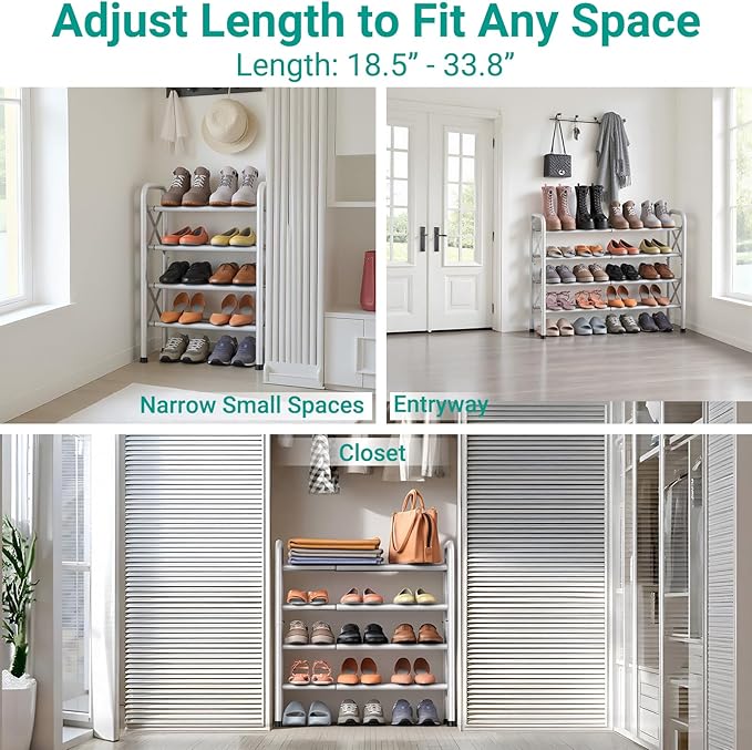4-Tier Expandable Shoe Rack for Closet Floor, X-Frame Metal Small Shoe Rack for Entryway, Adjustable Shoe Shelf Organizer, Free Standing Shoe Racks for Front Door Entrance, Garage - White