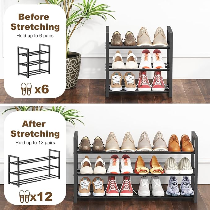3-Tire Expandable Shoe Rack for Closet, 17"-31" Adjustable Free Standing Shoe Shelf Storage Fits 6-12 Pairs Shoes, Heavy Duty Reinforced Metal Shoes Organizer for Entryway Doorway Dorm