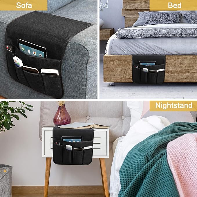Sofa Armrest Organizer Non-Slip Remote Control Holders for Recliner Couch Chair Armchair Caddy with 5 Pockets for Table,Cell Phone,Ipad,Magazines,Books (13x35In, Black)