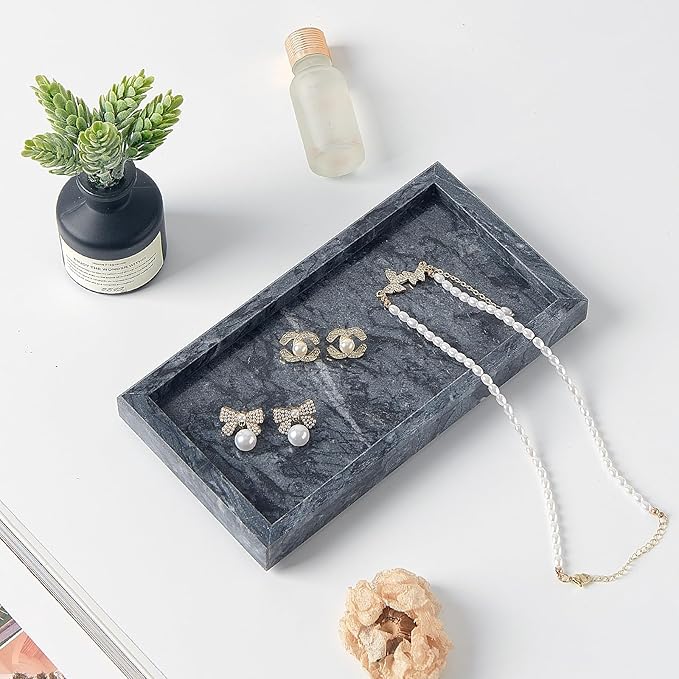Natural Small Marble Vanity Tray, Luxury Stone Organizer for Bathroom & Kitchen | Holds Soap Dispenser, Jewelry, Perfume | Non-Resin, Non-Ceramic Décor (Black, Mini (7.9" x 4.3" x 0.78"))