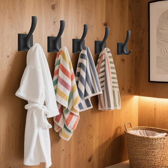 Black Towel Hooks Coat Hooks for Wall, Hand Towel Holder Robe Hook for Bathroom, Entryway Hat Hooks for Hanging Coat Towels Keys Hats (6 Pack)