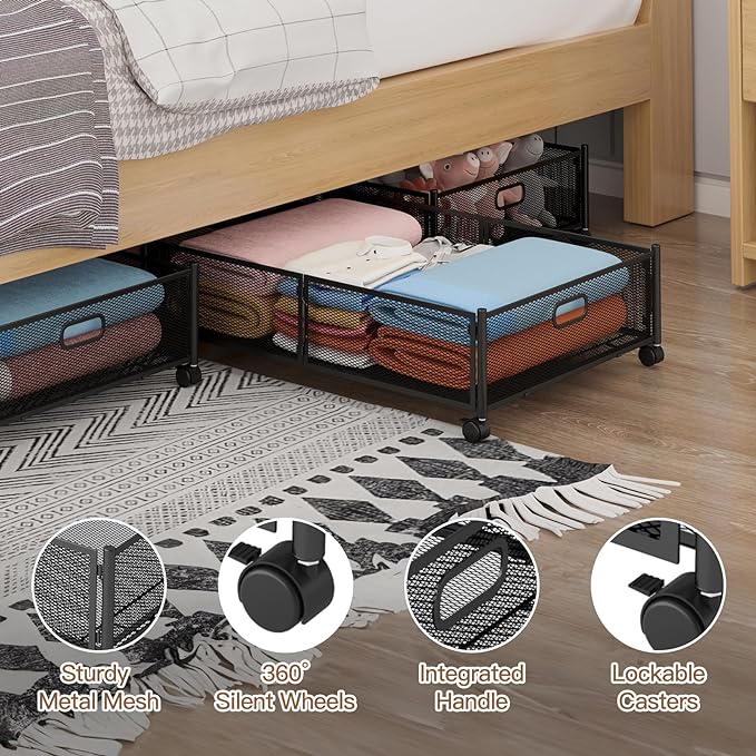 Under Bed Storage with Wheels, Foldable Metal Mesh Underbed Storage Container Bins, Tool-free Assembly Clothes Drawer Organizer,2Pack